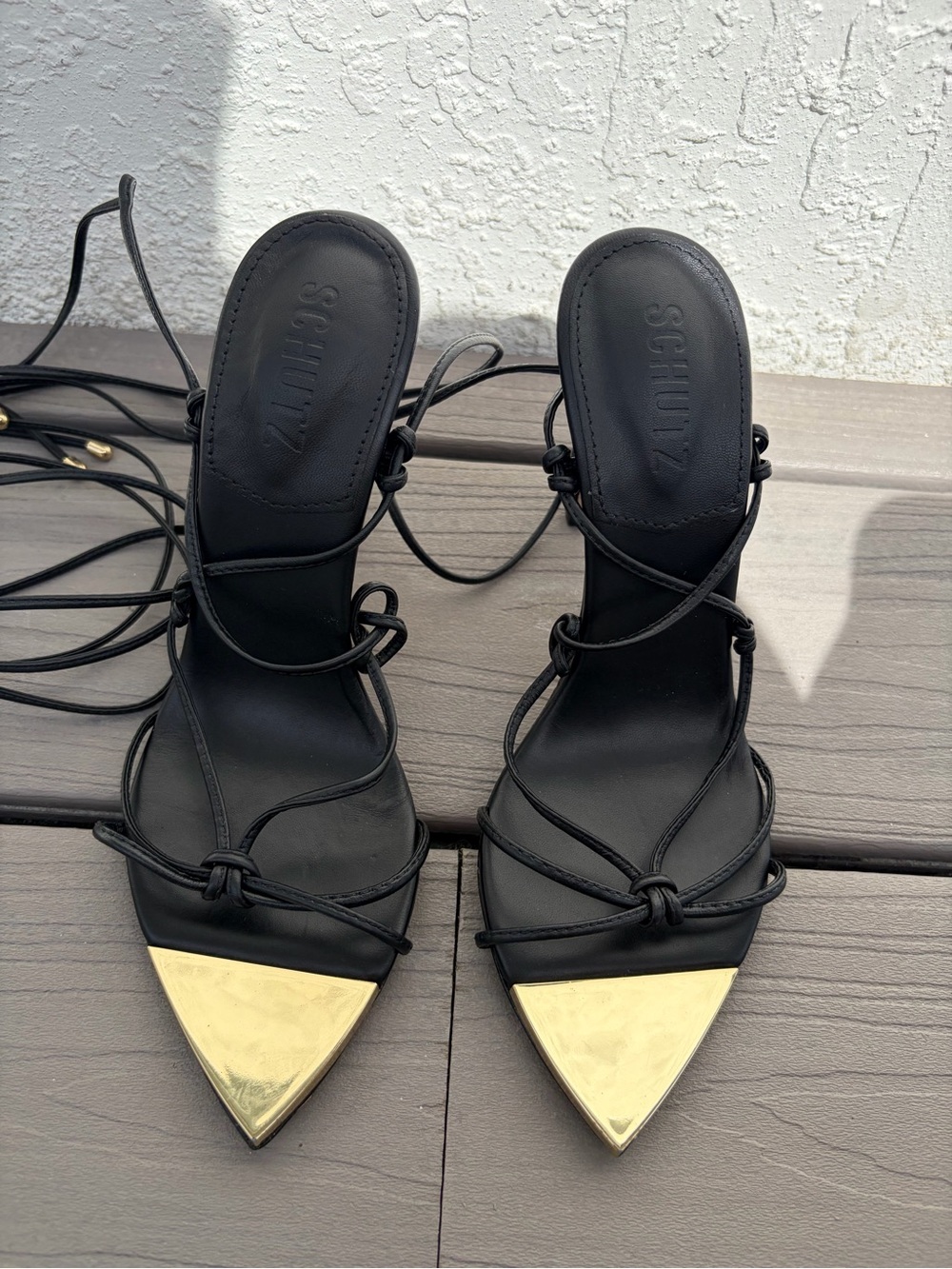 SCHUTZ Black Lace-Up Pointed Toe Heels with Gold Cap